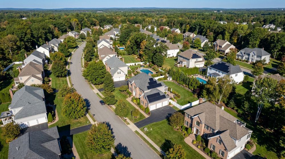 Aerial view of an American suburban neighbourhood where several homes carry rooftop solar arrays