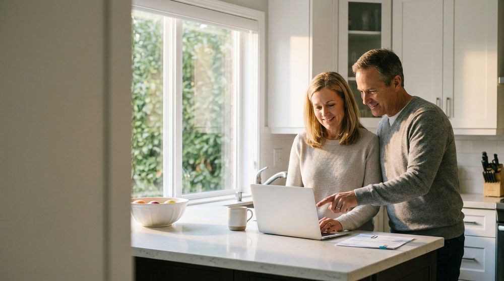 An American couple in their fifties looking at a laptop and an electricity bill at their kitchen island
