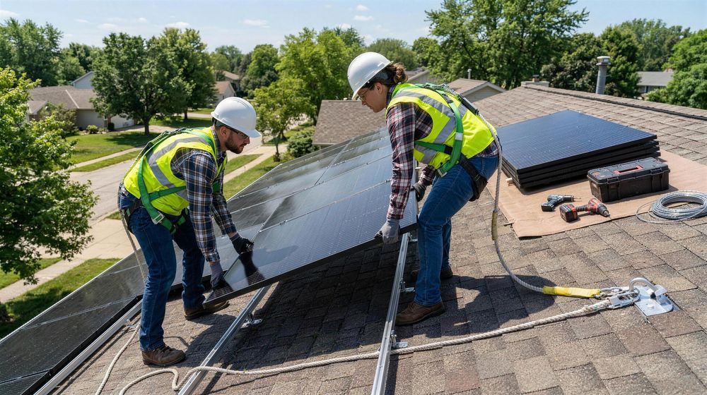 Solar installers in safety harnesses fitting panels to an American roof