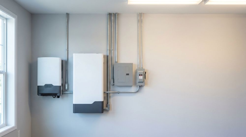 A solar inverter and home battery unit neatly installed on an American garage wall