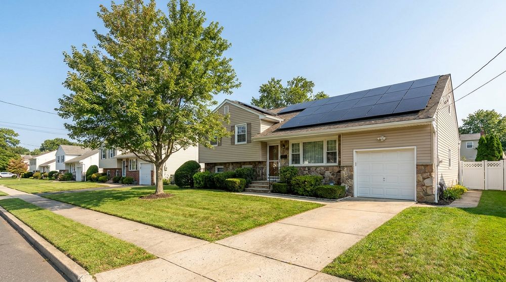 A suburban split-level family home in New Jersey with solar panels on the south-facing roof